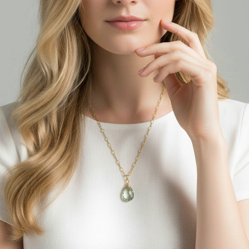 Green Amethyst Wire Wrapped Briolette Necklace