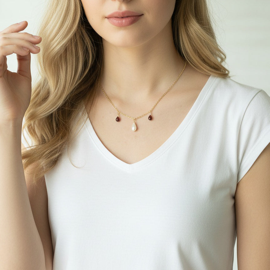 Garnet and Pearl Drop Necklace
