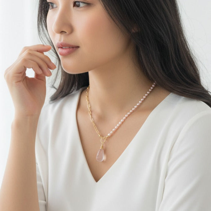 Rose Quartz Half Pearl Half Chain Necklace