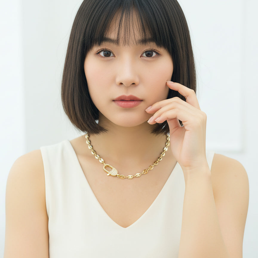 Gold Marine Link Necklace with CZ Lobster Claw Clasp