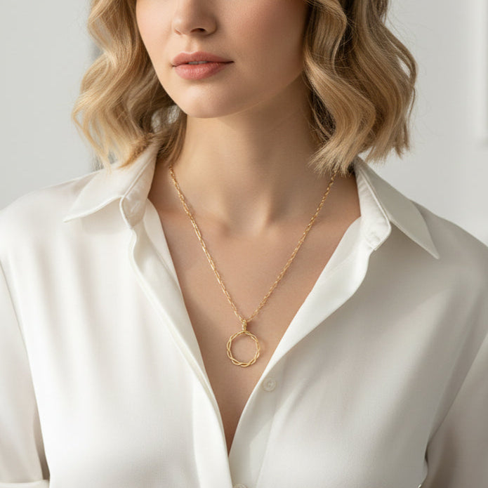 Gold Long Twisted Circle Pendant Necklace