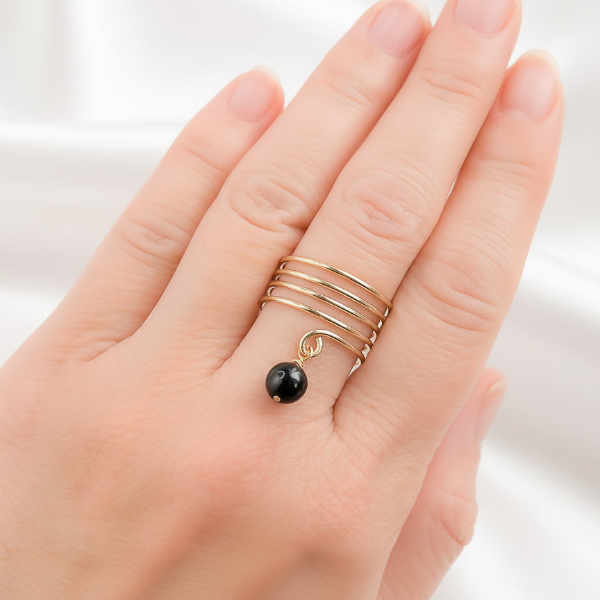 Gold Spiral Ring with Black Akoya Pearl