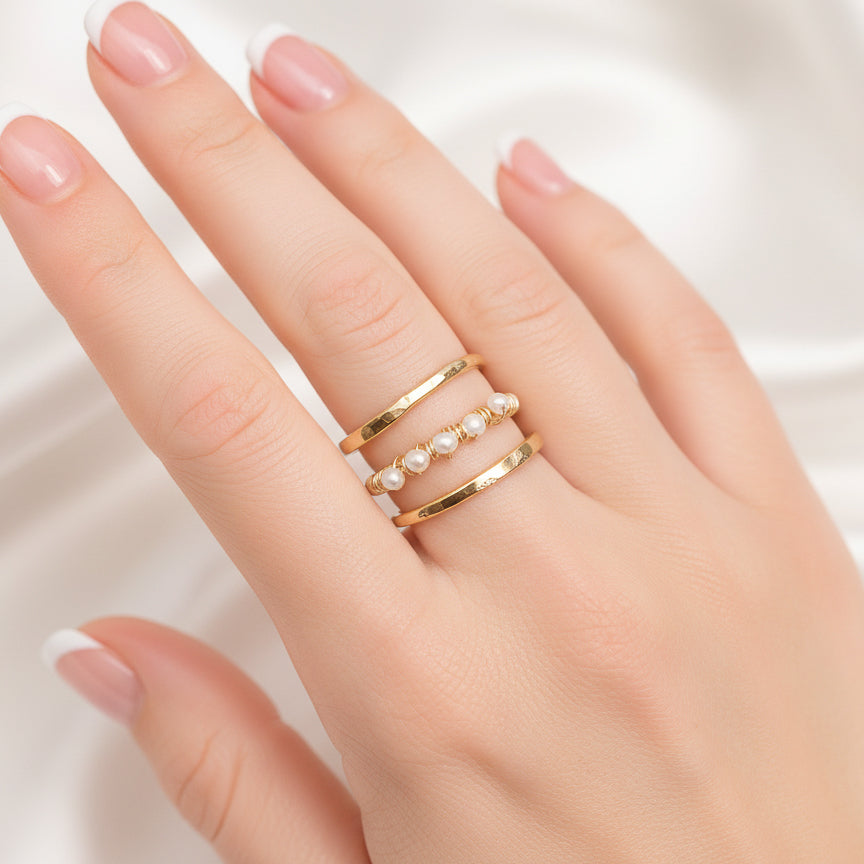 Gold Wire Spiral Ring with Mini Pearls