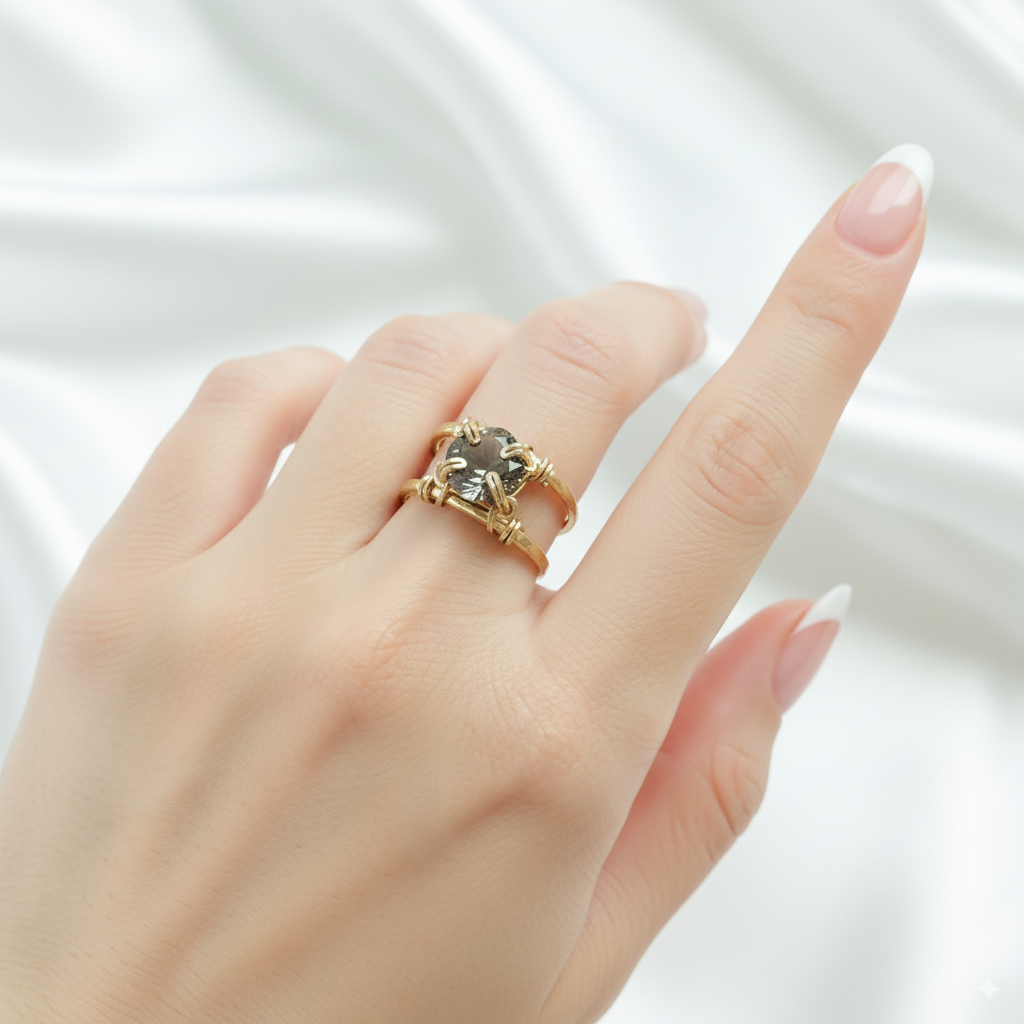 Smoky Quartz Cushion Cut Double Banded Ring