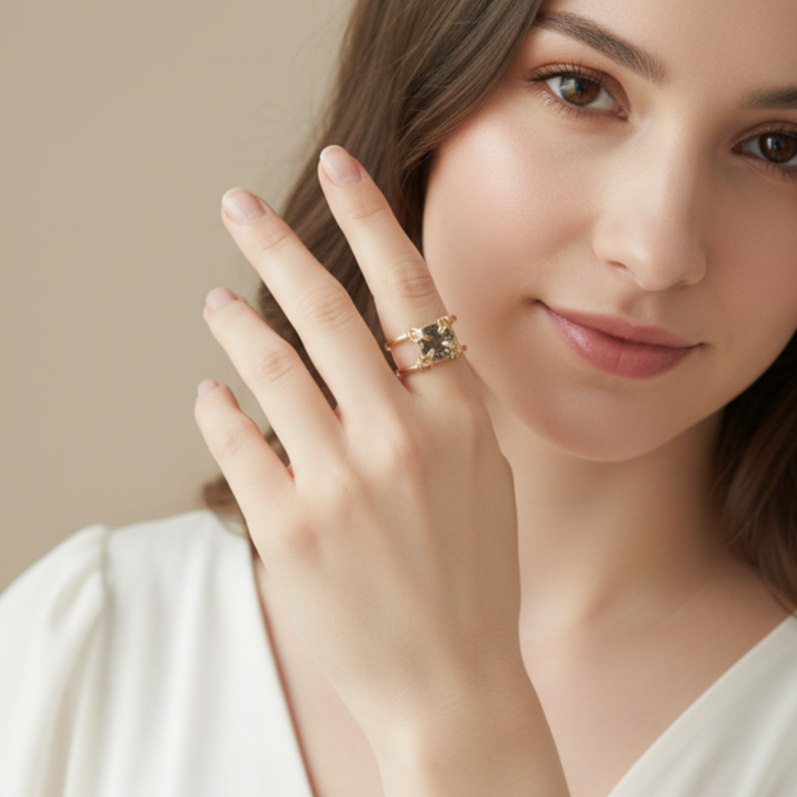Smoky Quartz Cushion Cut Double Banded Ring