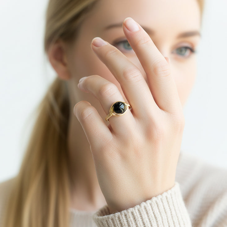 Black Onyx Bead Wire Wrapped Ring