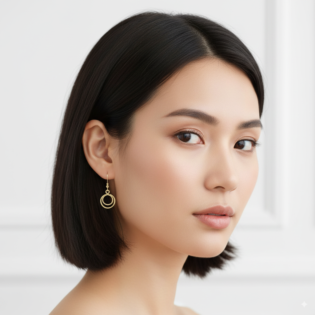 Gold Hammered Double Circle Dangle Earrings