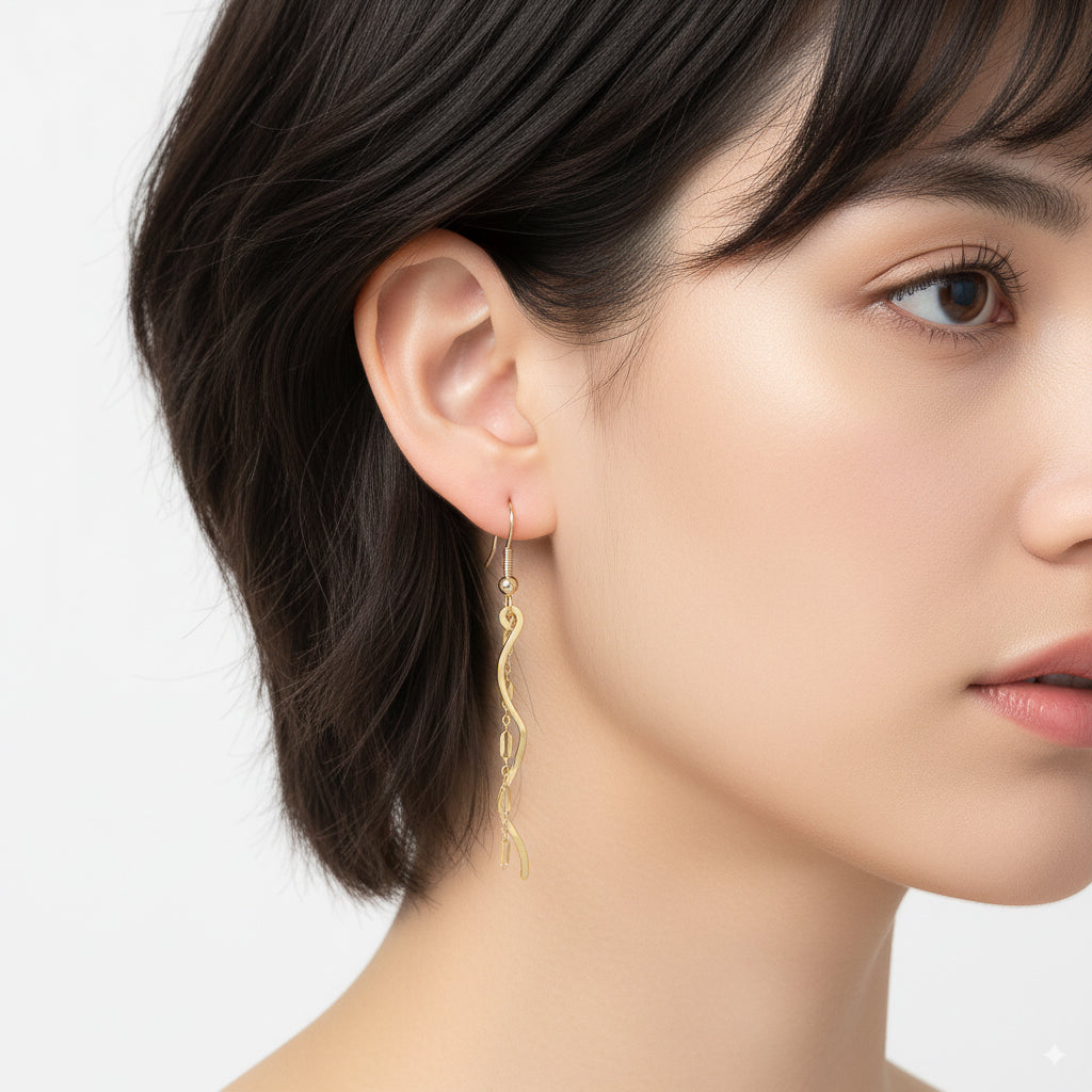 Gold Long Wave Chain Dangle Earrings