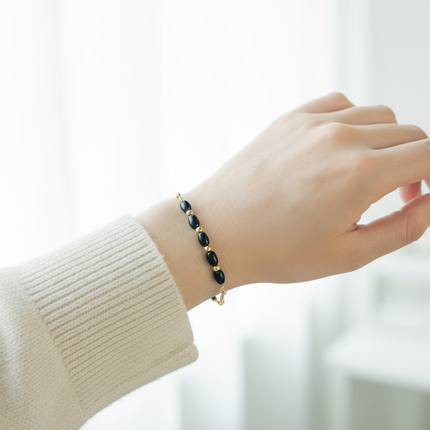 Black Onyx and Gold Bead Adjustable Bracelet