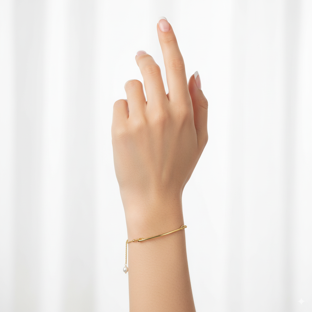 Gold Curved Bar Adjustable Bracelet with Pearl Charm