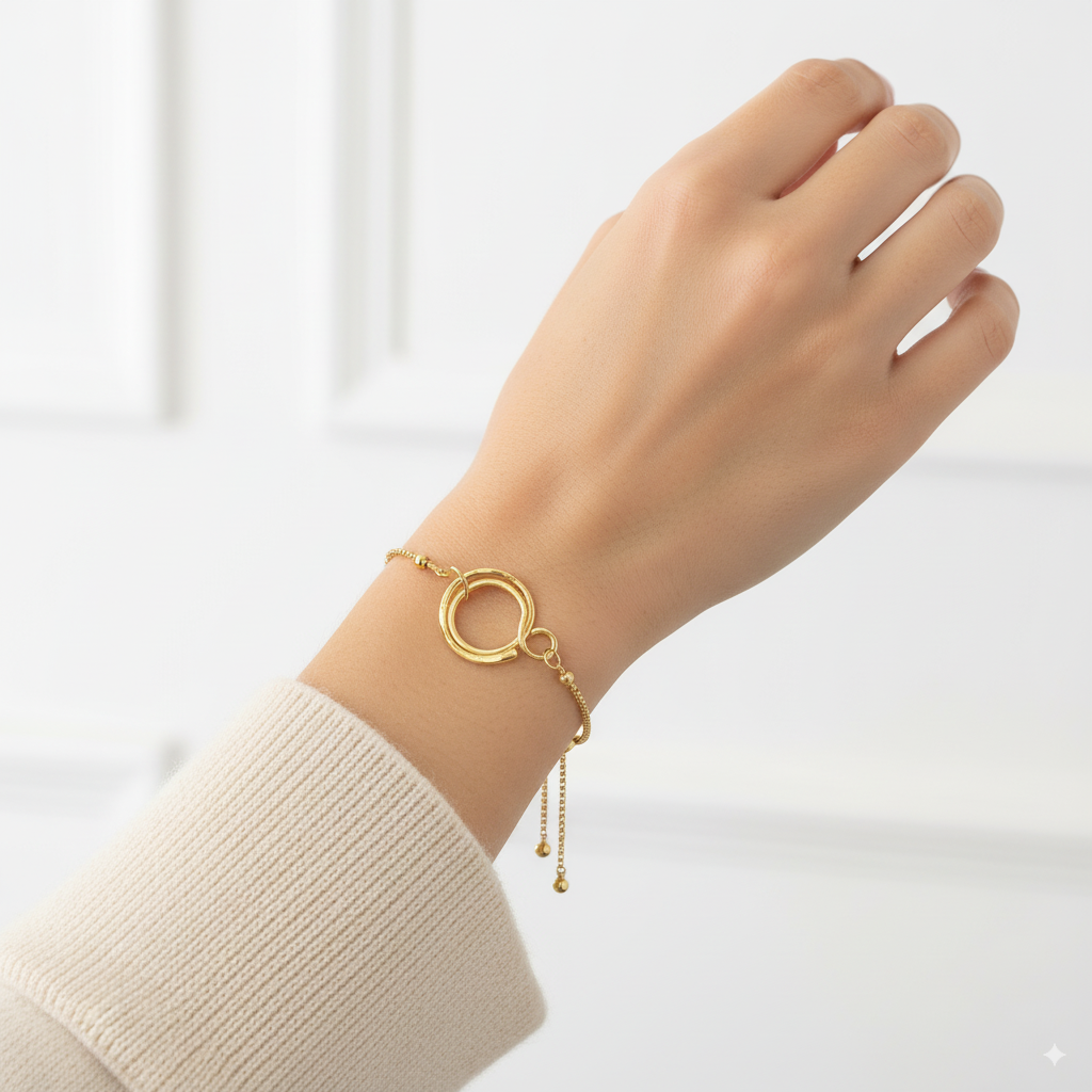 Gold Hammered Double Circle Adjustable Bracelet