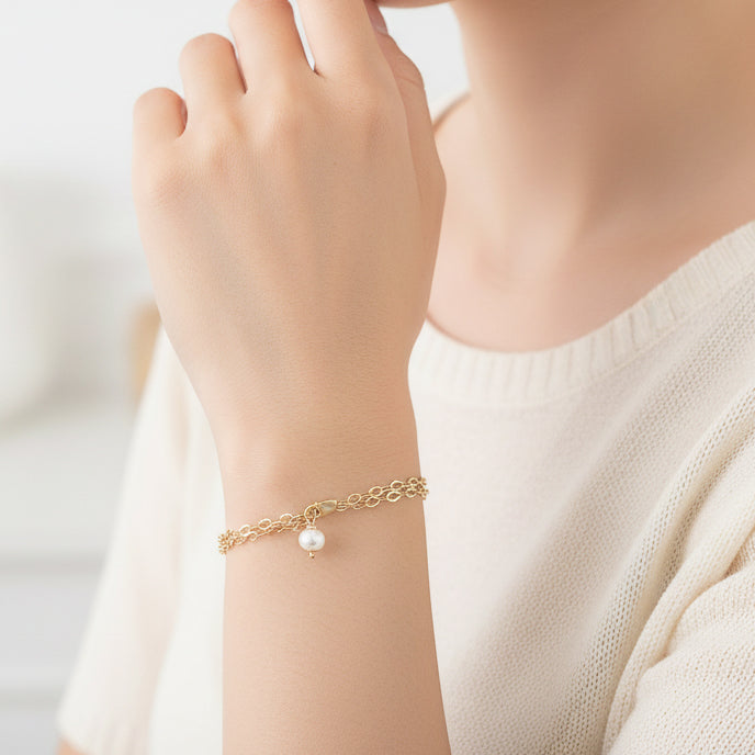 White Pearl Charm Double Chain Bracelet