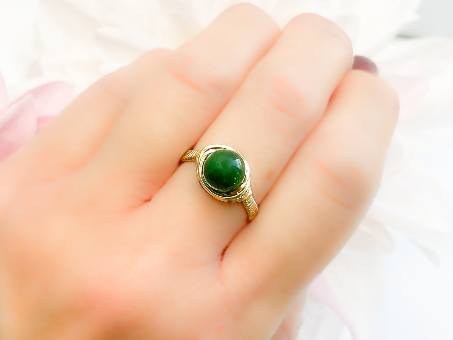 Jade Bead Wire Wrapped Gold Ring