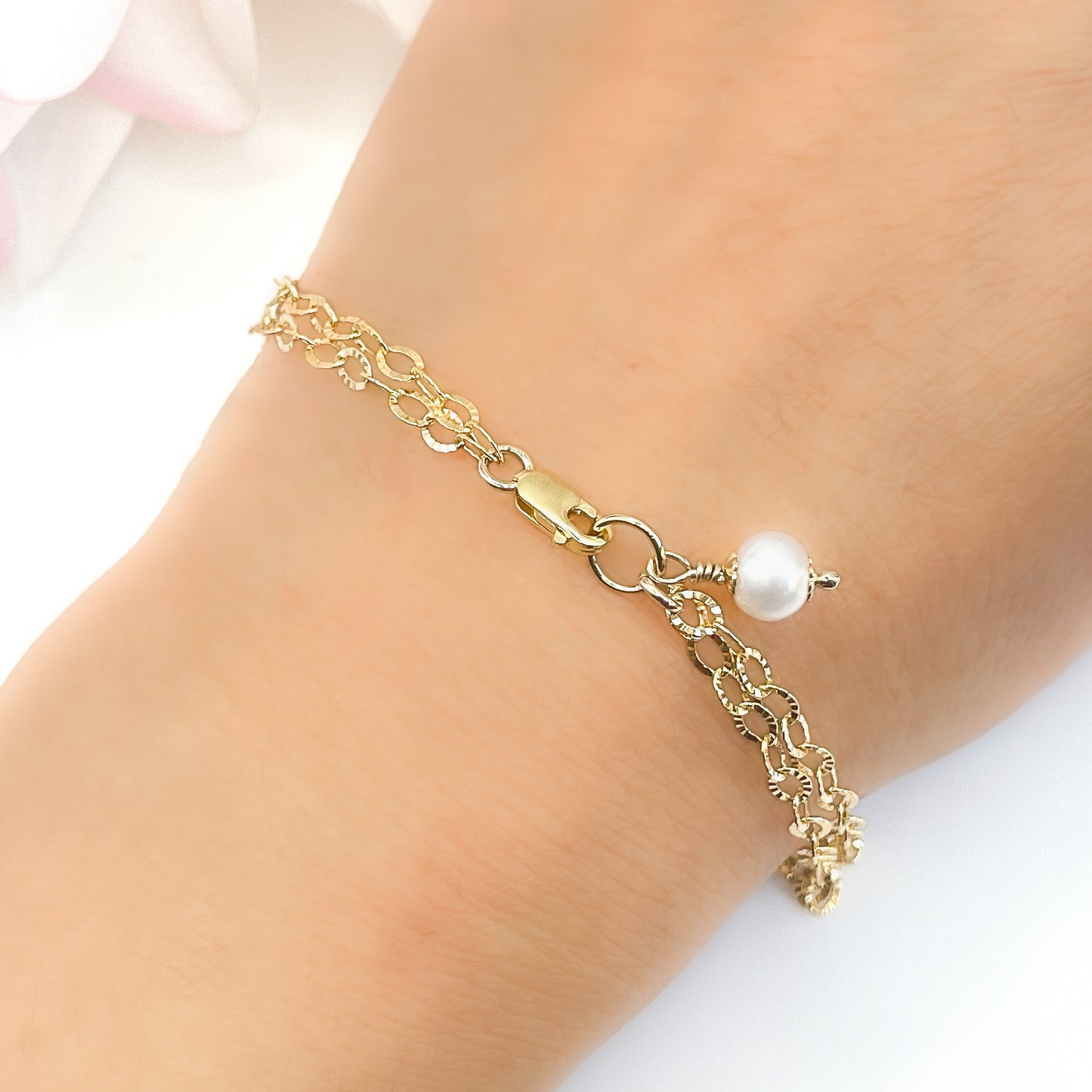 White Pearl Charm Double Chain Bracelet