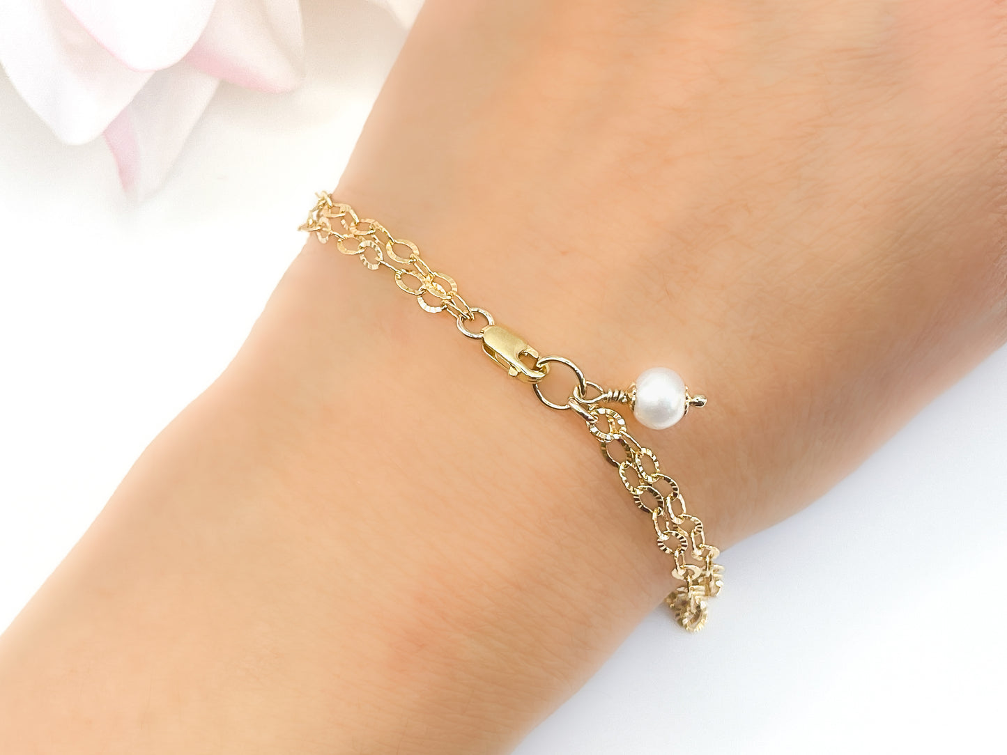 White Pearl Charm Double Chain Bracelet