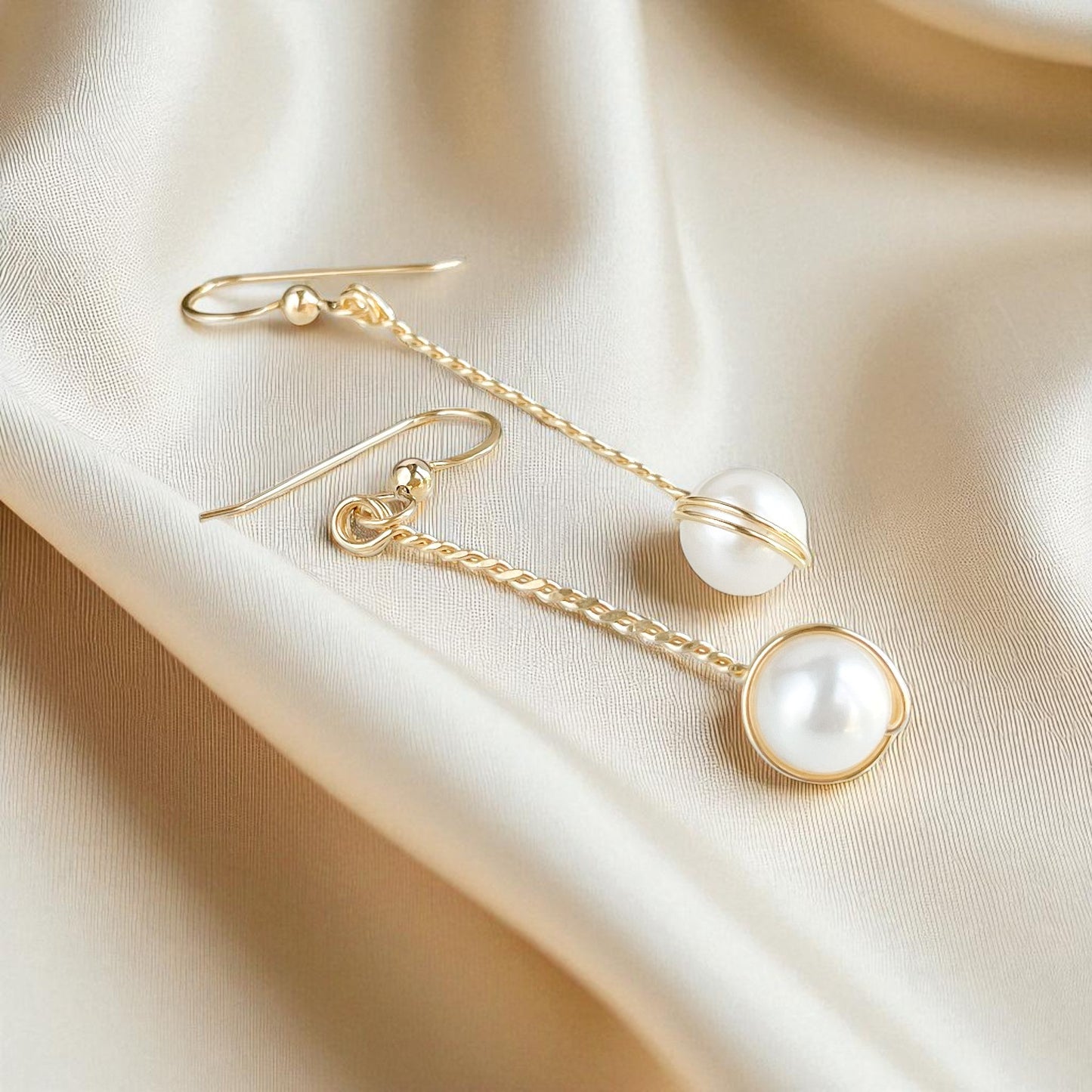 White Freshwater Pearl Long Twisted Earrings