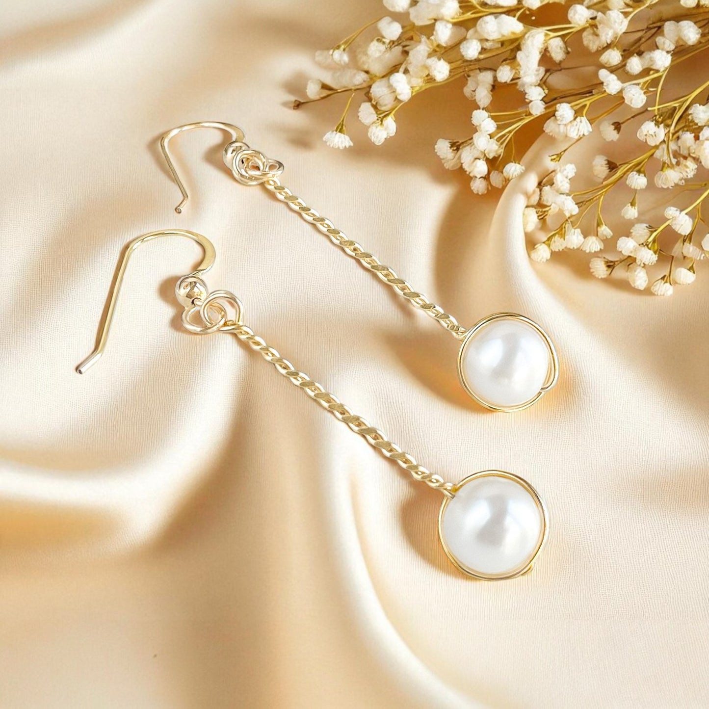 White Freshwater Pearl Long Twisted Earrings