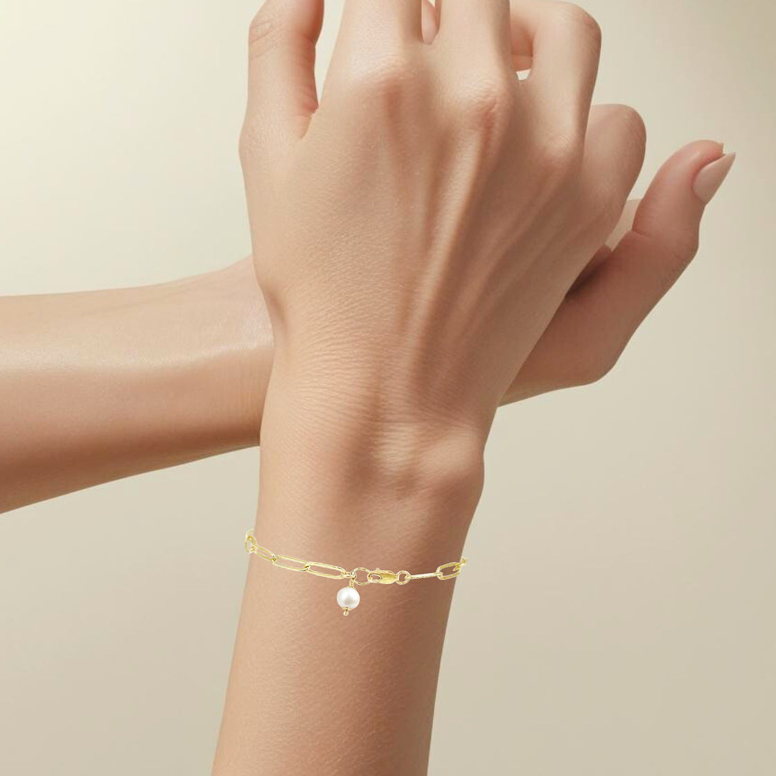 Gold Paperclip Chain with Pearl Charm Bracelet