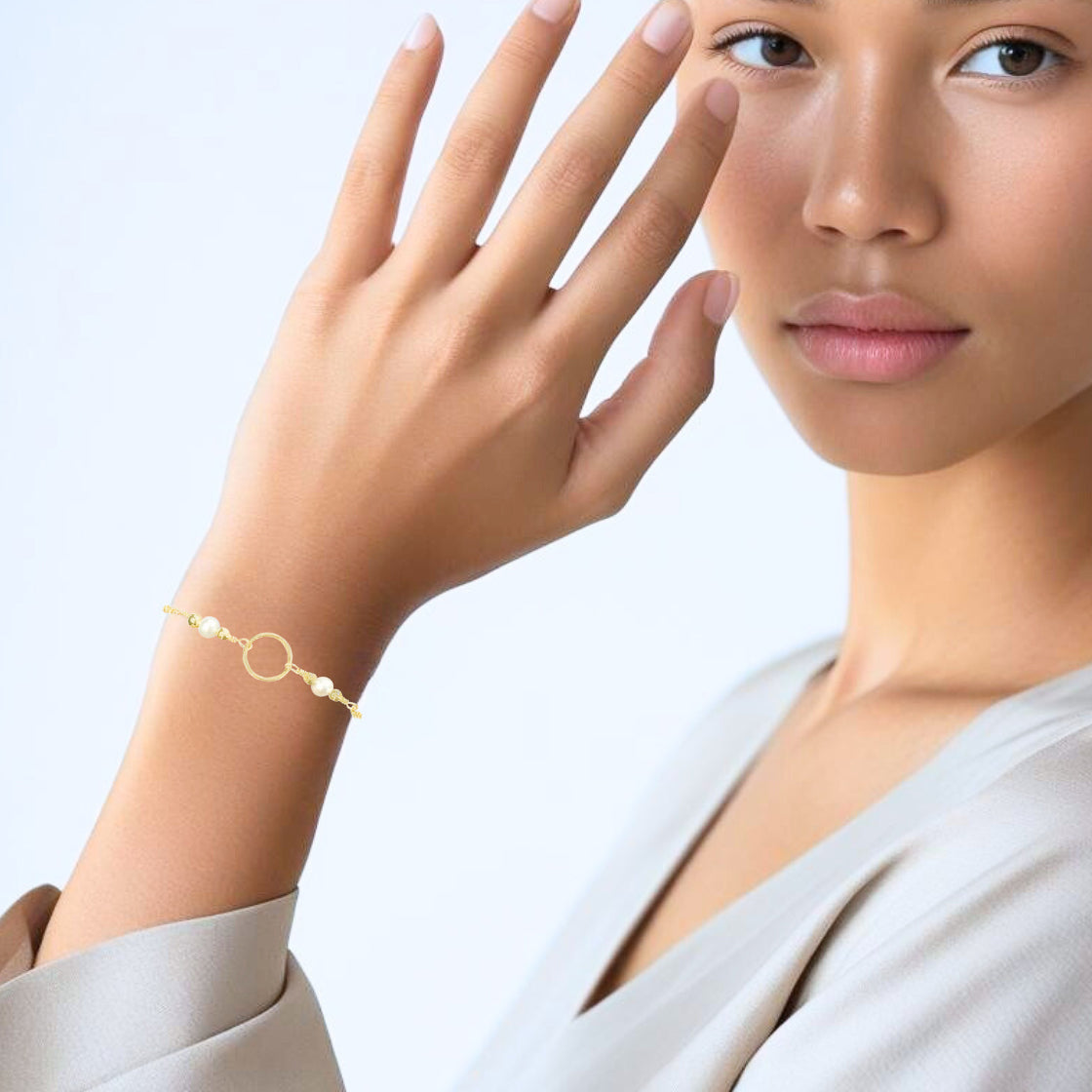 White Pearl and Gold Cluster Circle Adjustable Bracelet