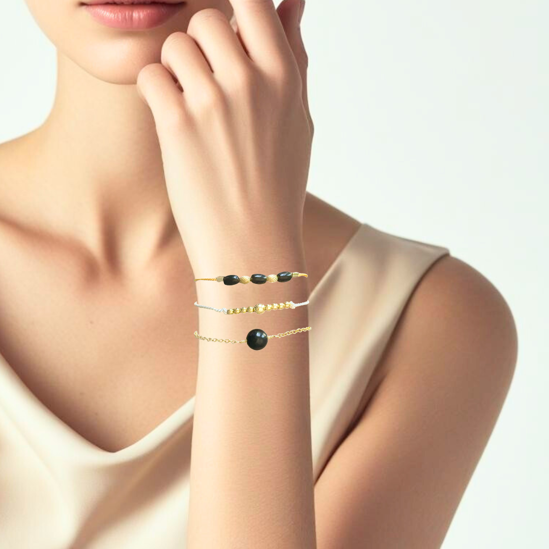 Set of 3 - Black Onyx and Gold Bracelets