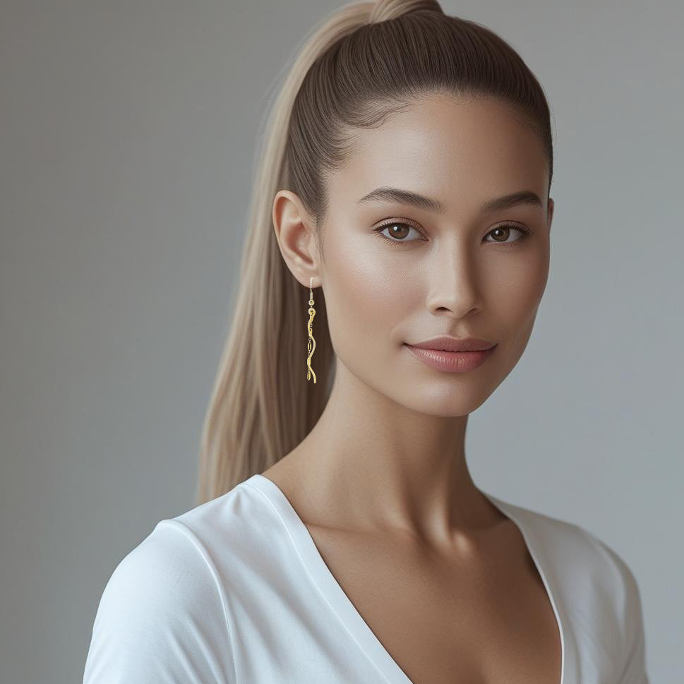 Gold Long Wave Chain Dangle Earrings