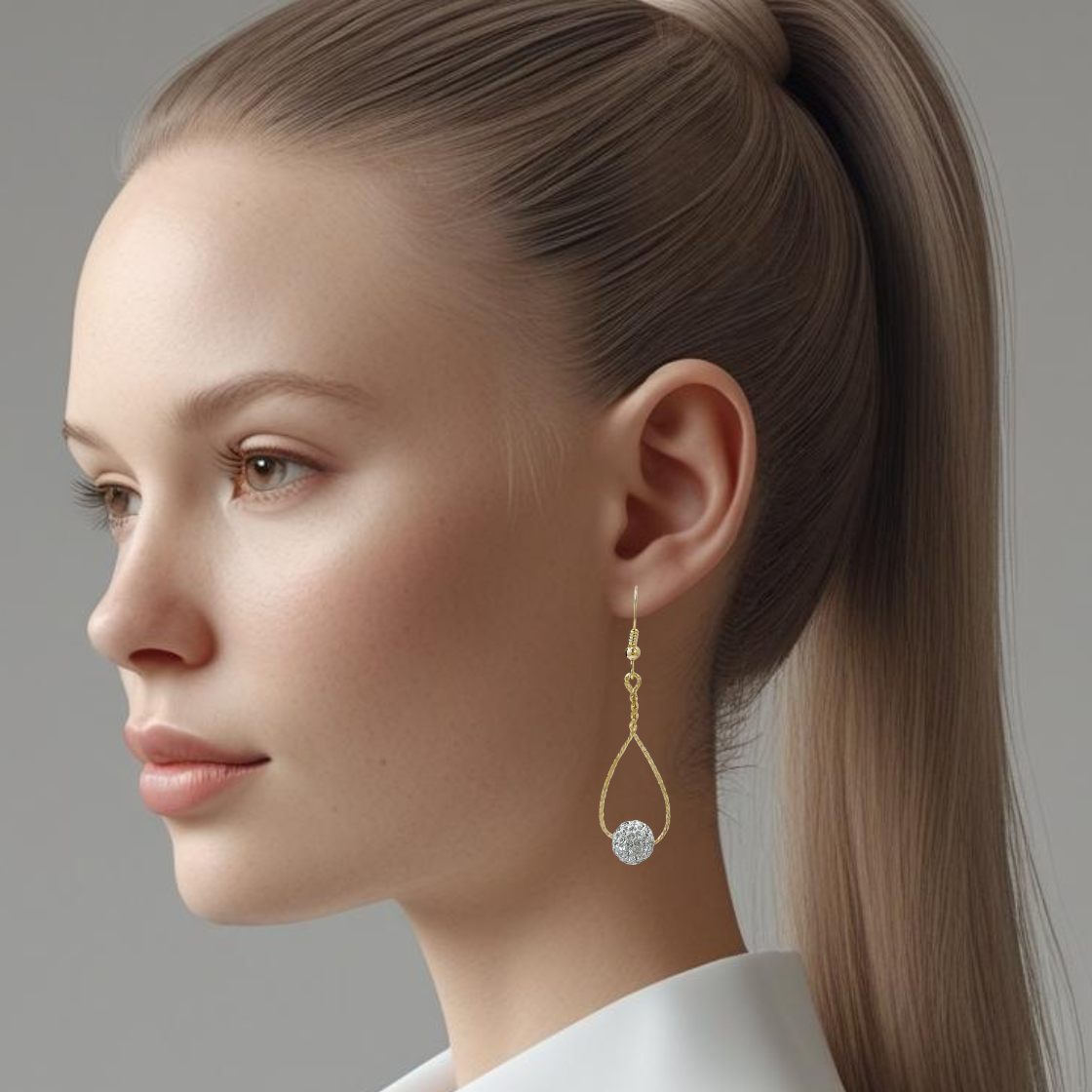 Gold Dangle Earrings with Pave Crystal Bead