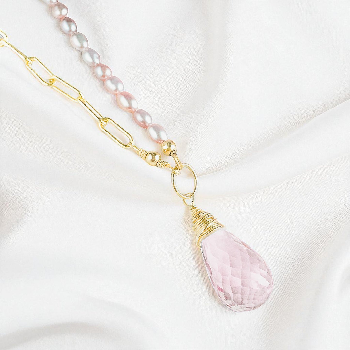 Rose Quartz Half Pearl Half Chain Necklace