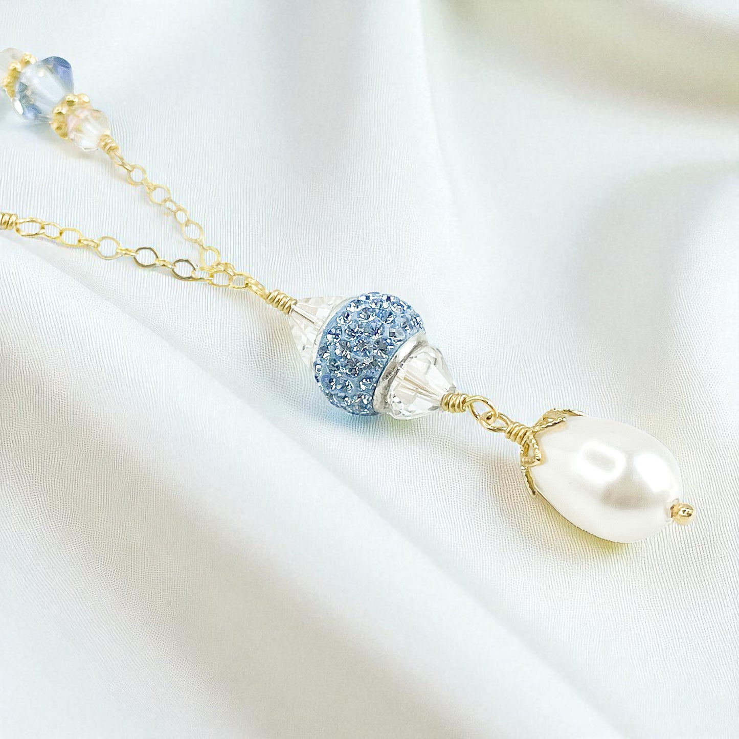Swarovski Blue Crystal and Pearl Dangle Necklace
