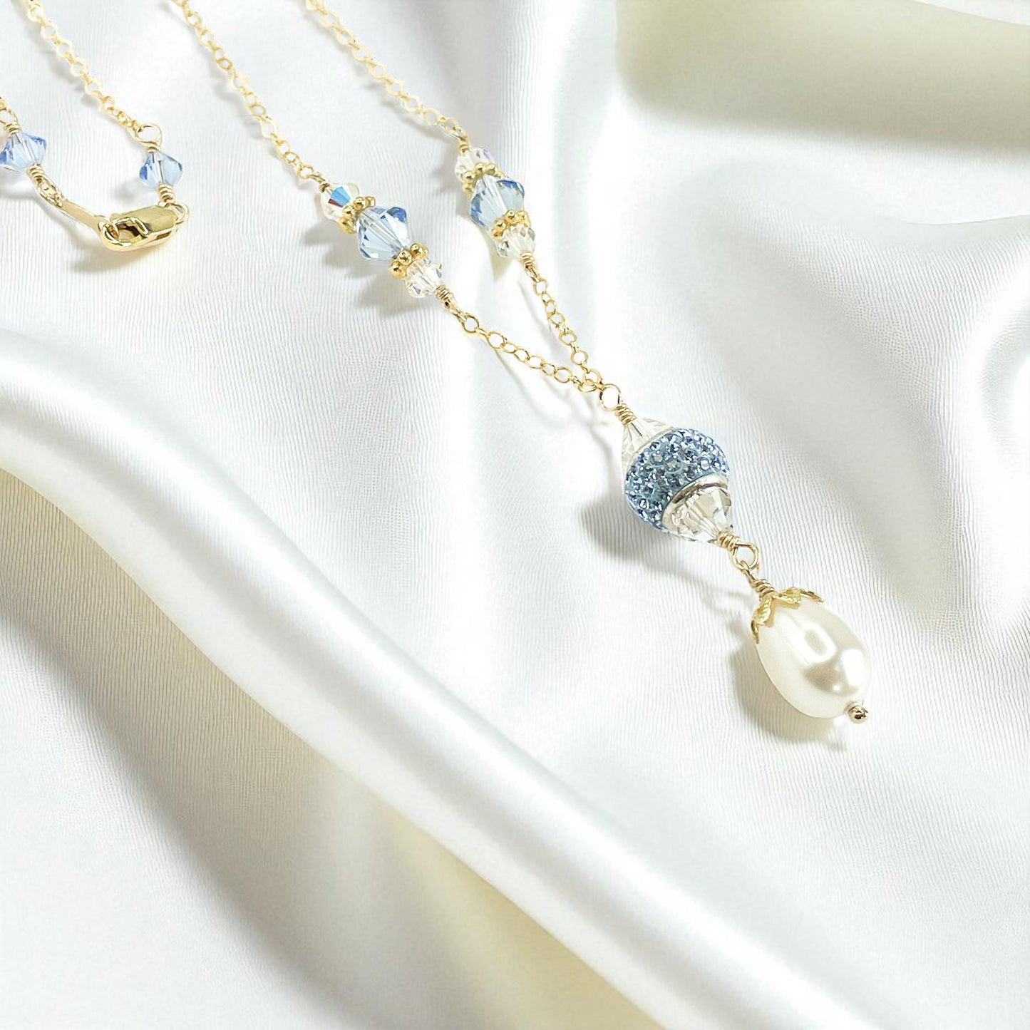 Swarovski Blue Crystal and Pearl Dangle Necklace