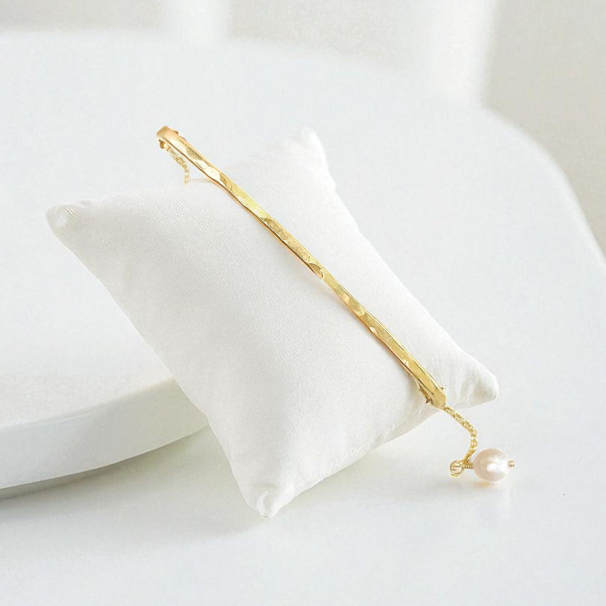 Gold Curved Bar Adjustable Bracelet with Pearl Charm