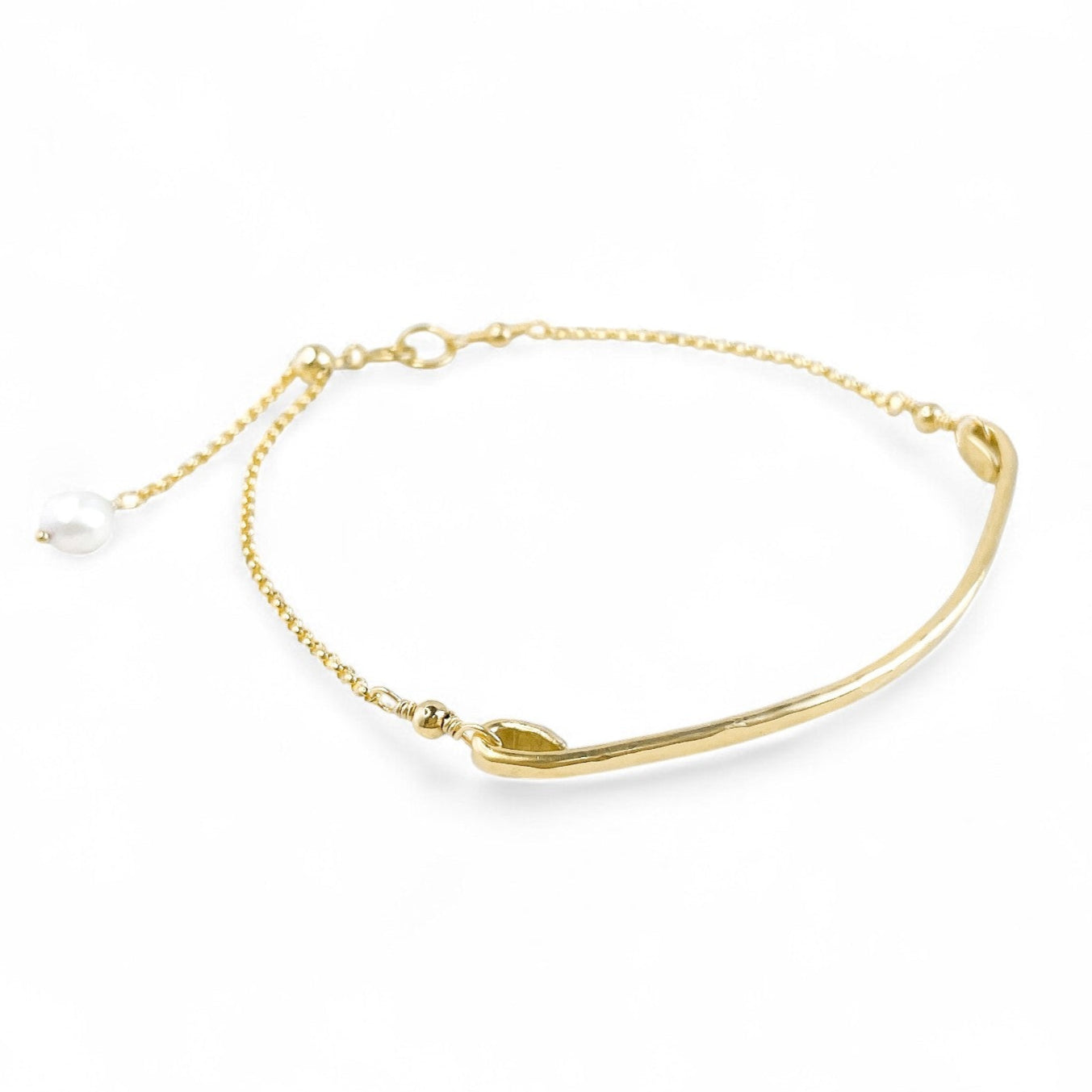 Gold Curved Bar Adjustable Bracelet with Pearl Charm