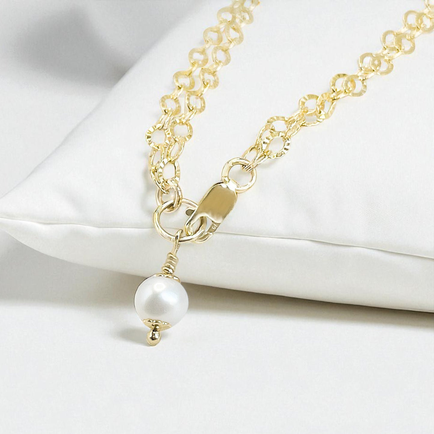 White Pearl Charm Double Chain Bracelet