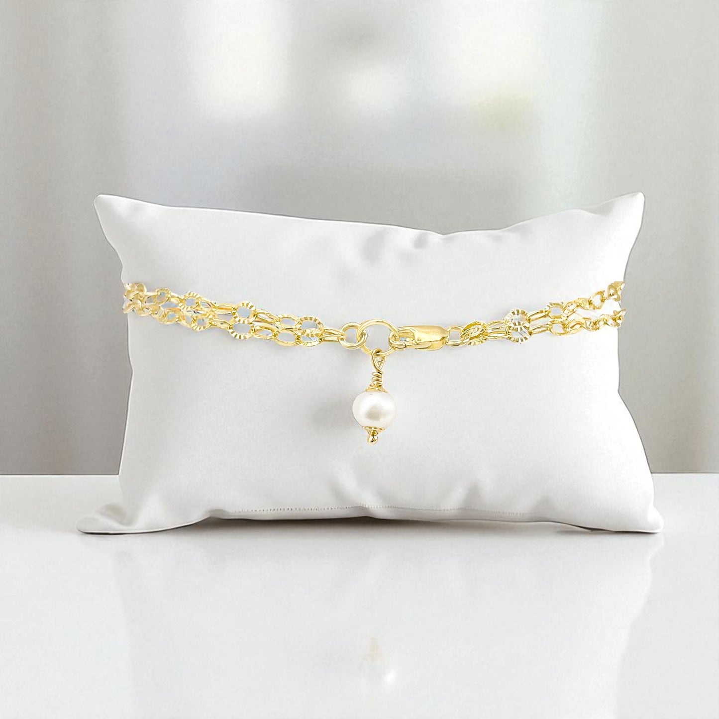 White Pearl Charm Double Chain Bracelet
