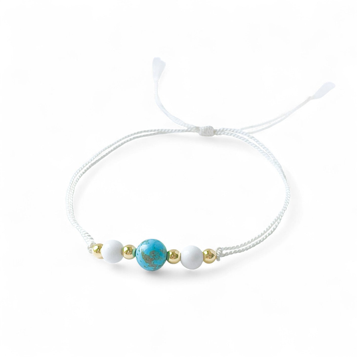 Turquoise, White Agate, and Gold Silk Cord Adjustable Bracelet