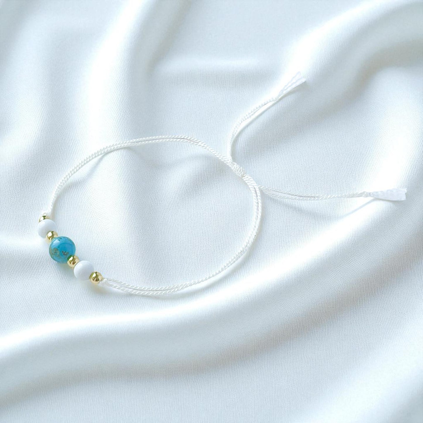 Turquoise, White Agate, and Gold Silk Cord Adjustable Bracelet