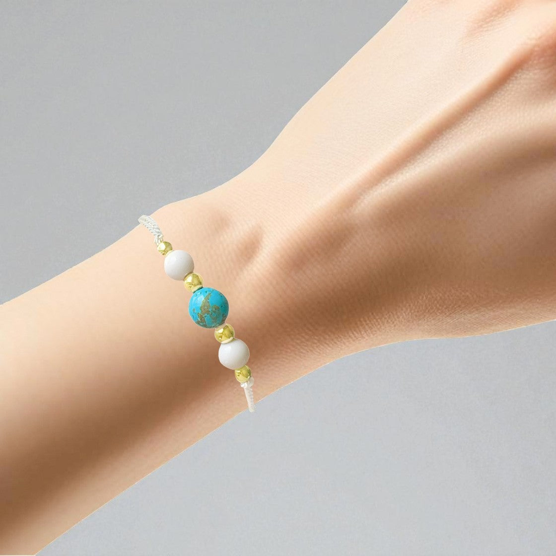 Turquoise, White Agate, and Gold Silk Cord Adjustable Bracelet