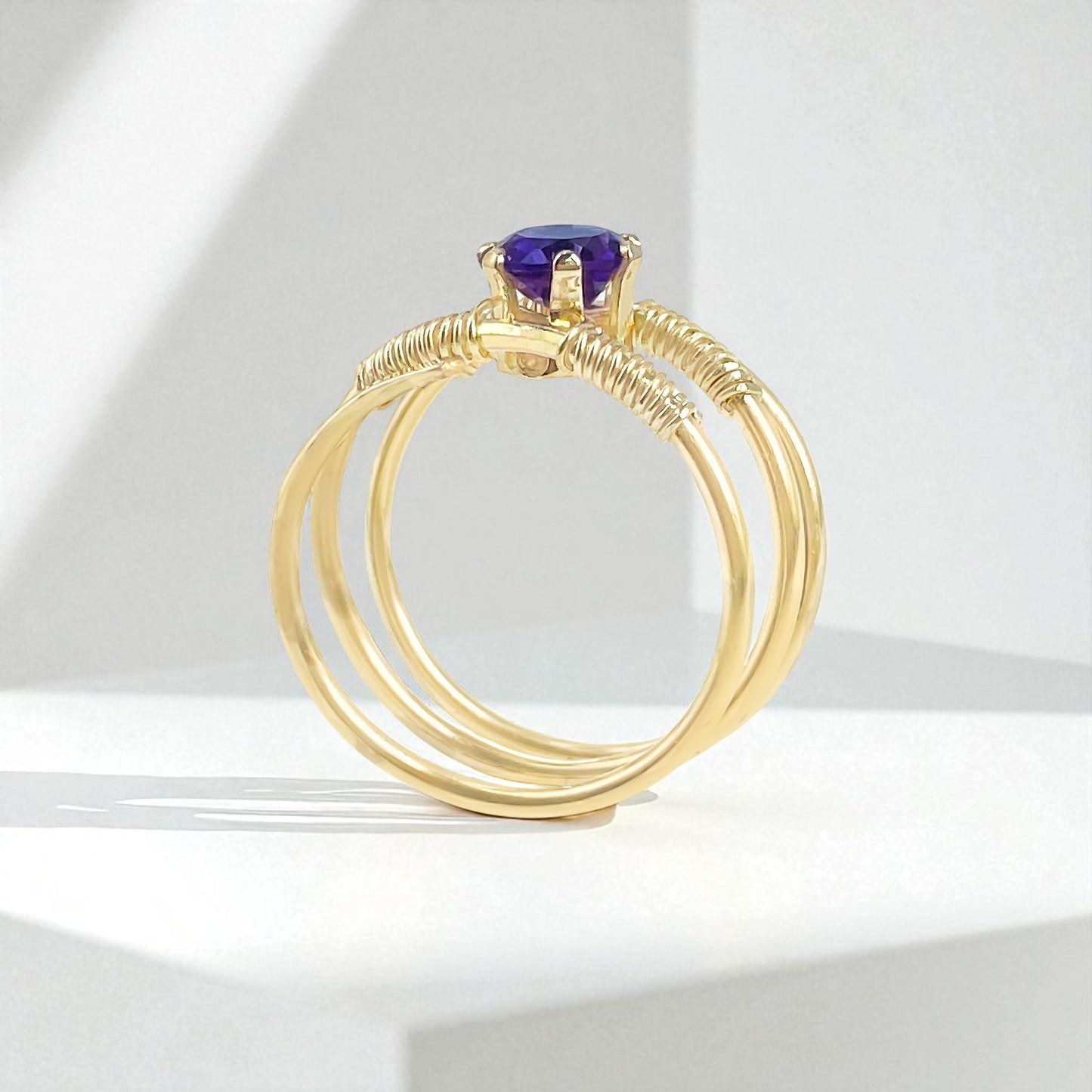 Purple Amethyst Gold Wire Spiral Ring
