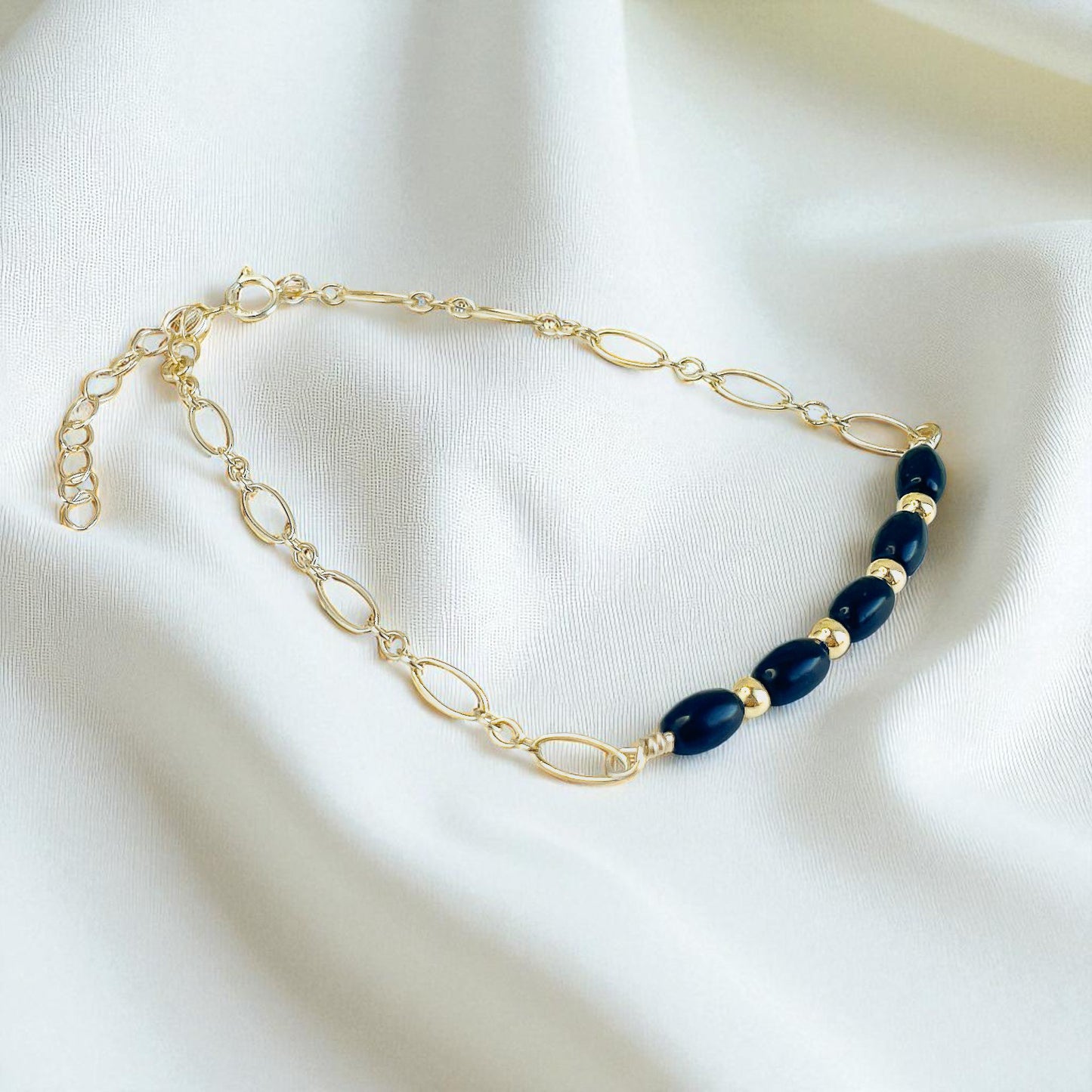 Black Onyx and Gold Bead Adjustable Bracelet
