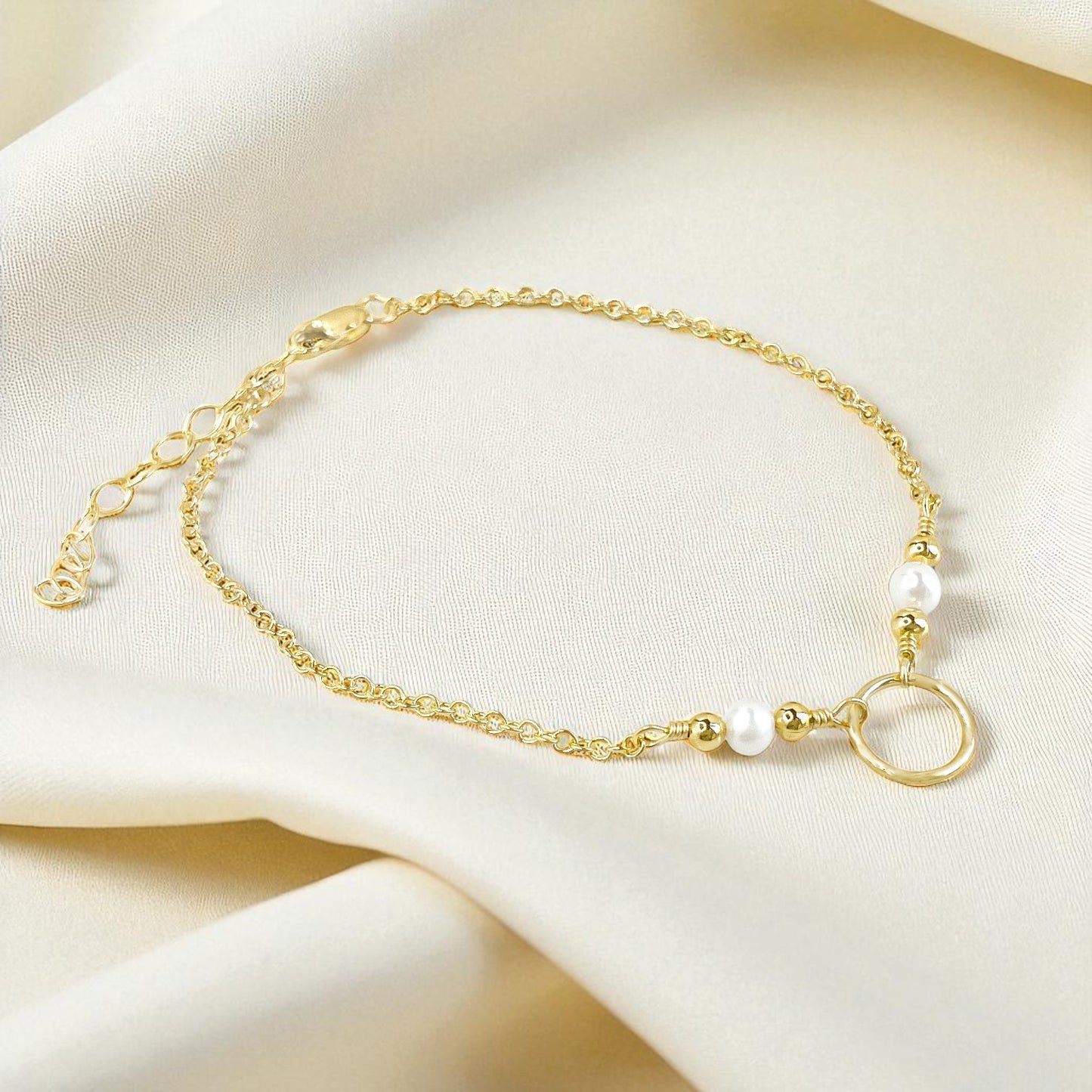 White Pearl and Gold Cluster Circle Adjustable Bracelet