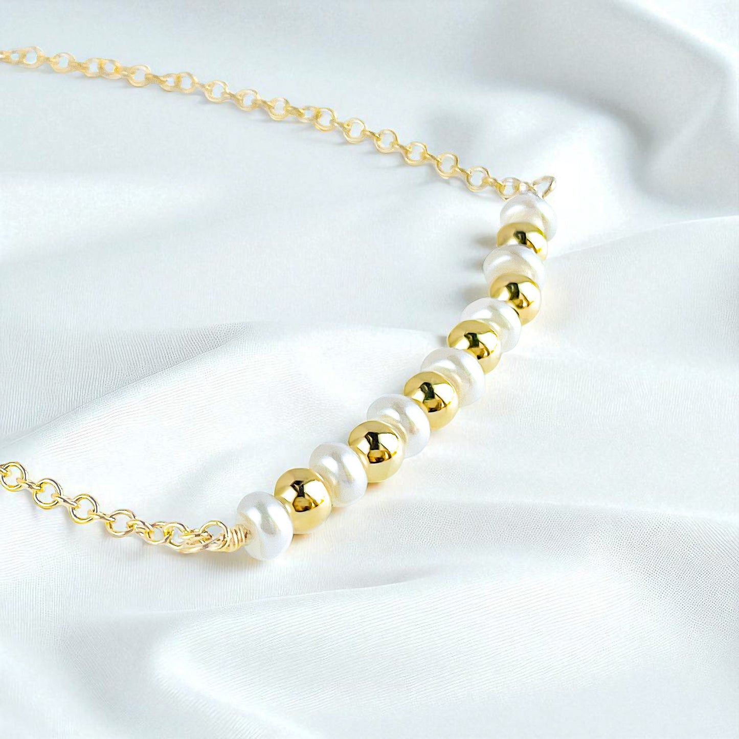 Freshwater Pearl and Gold Bead Dainty Bracelet