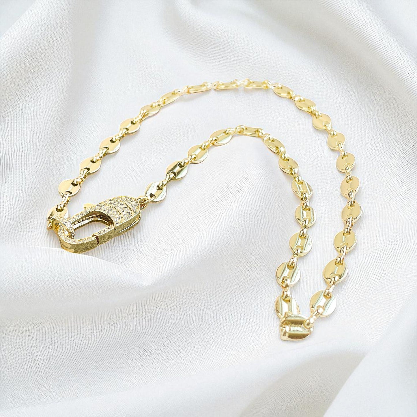 Gold Marine Link Necklace with CZ Lobster Claw Clasp