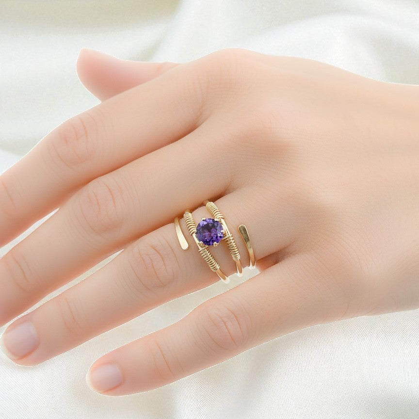 Purple Amethyst Gold Wire Spiral Ring