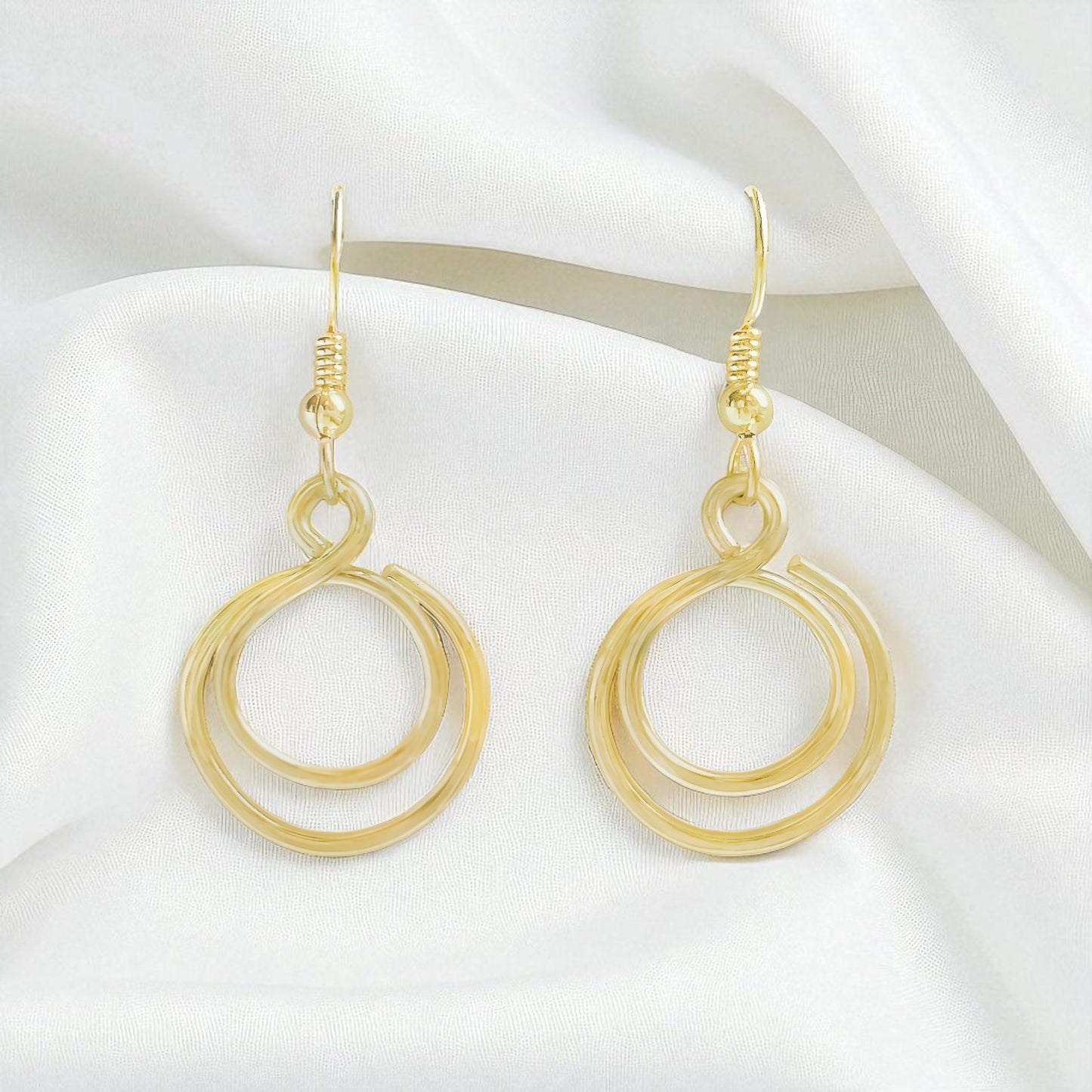 Gold Hammered Double Circle Dangle Earrings