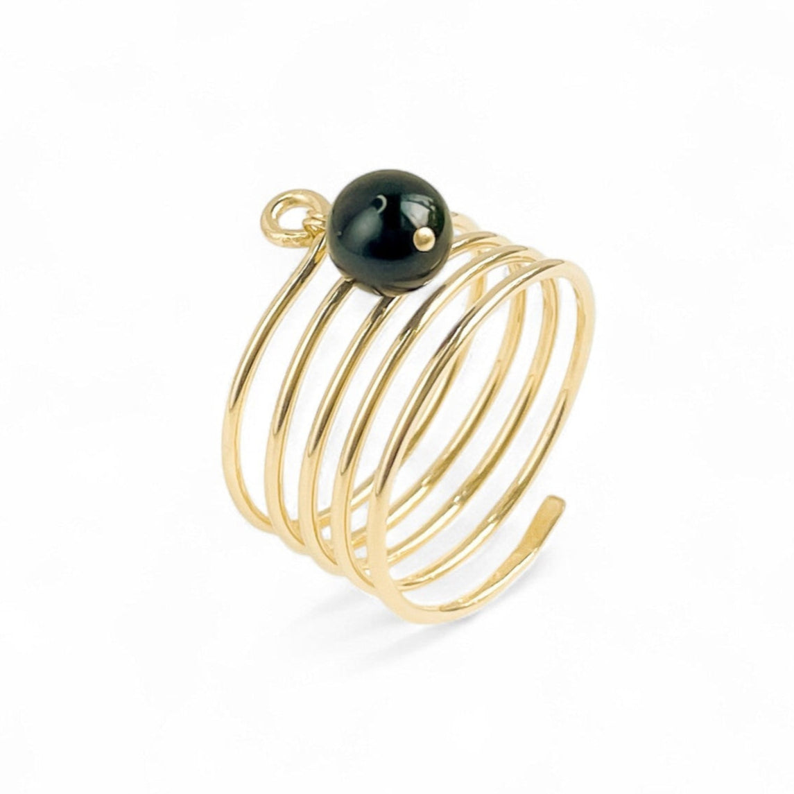 Gold Spiral Ring with Black Akoya Pearl