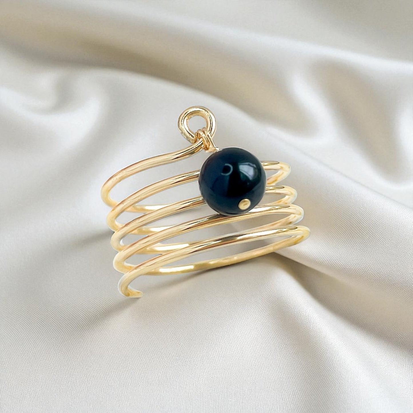 Gold Spiral Ring with Black Akoya Pearl