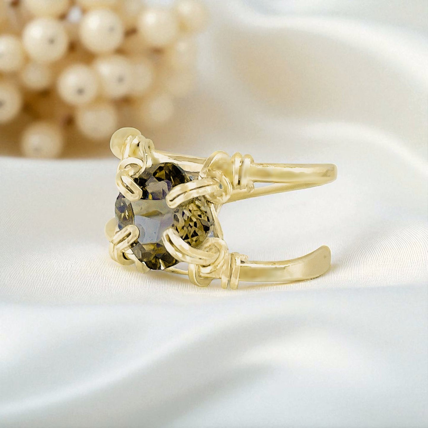 Smoky Quartz Cushion Cut Double Banded Ring