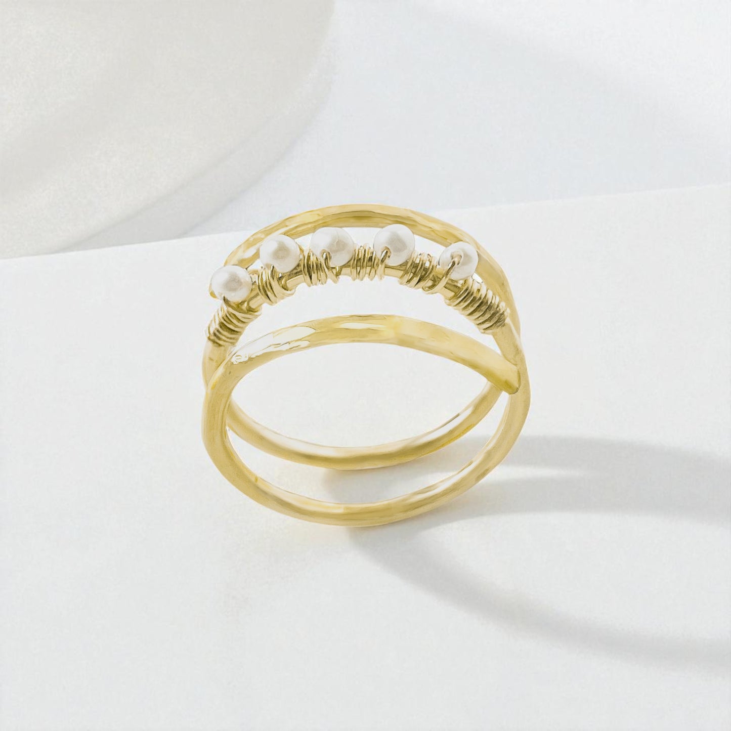 Gold Wire Spiral Ring with Mini Pearls