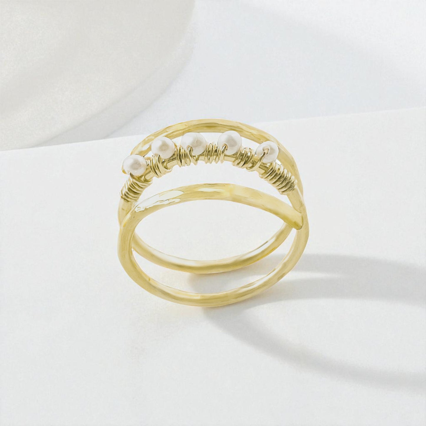 Gold Wire Spiral Ring with Mini Pearls