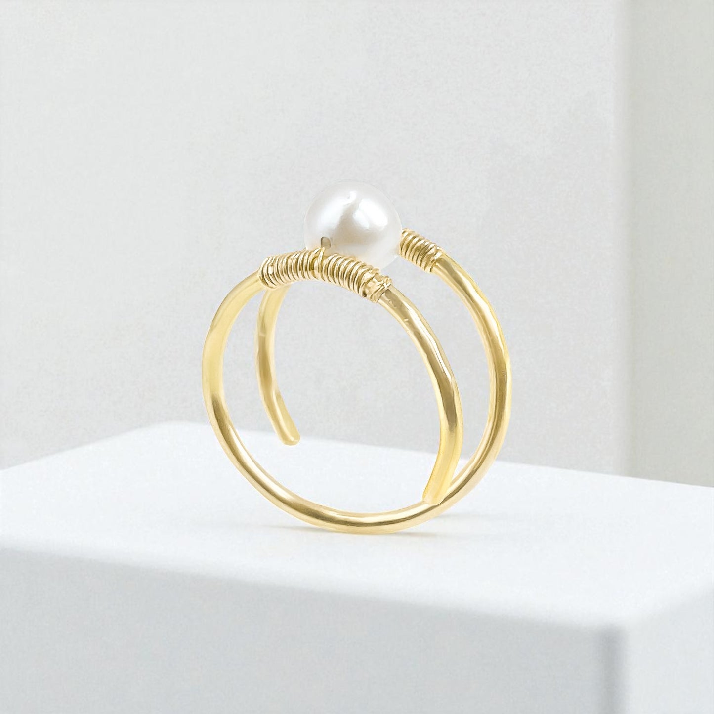 Freshwater Pearl Double Banded Gold Ring