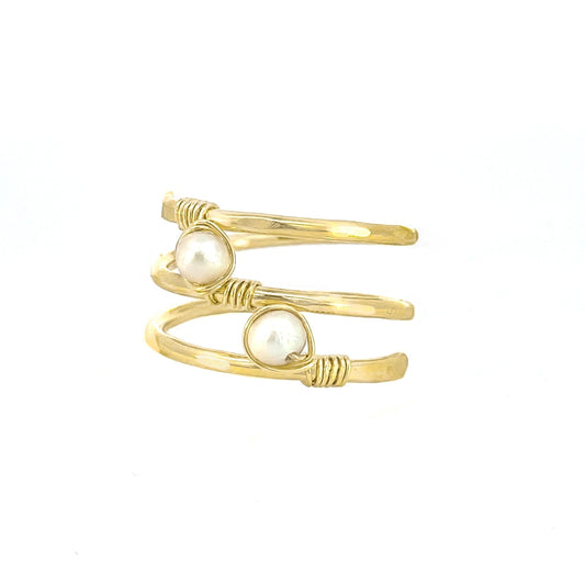 Gold Spiral Double Pearl Ring